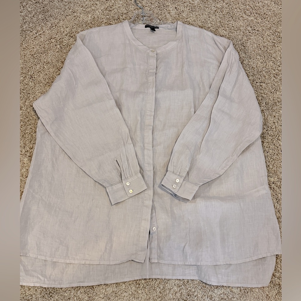 Eileen Fisher Ceramic Mandarin Collar Boxy Organic Linen Shirt Size XL